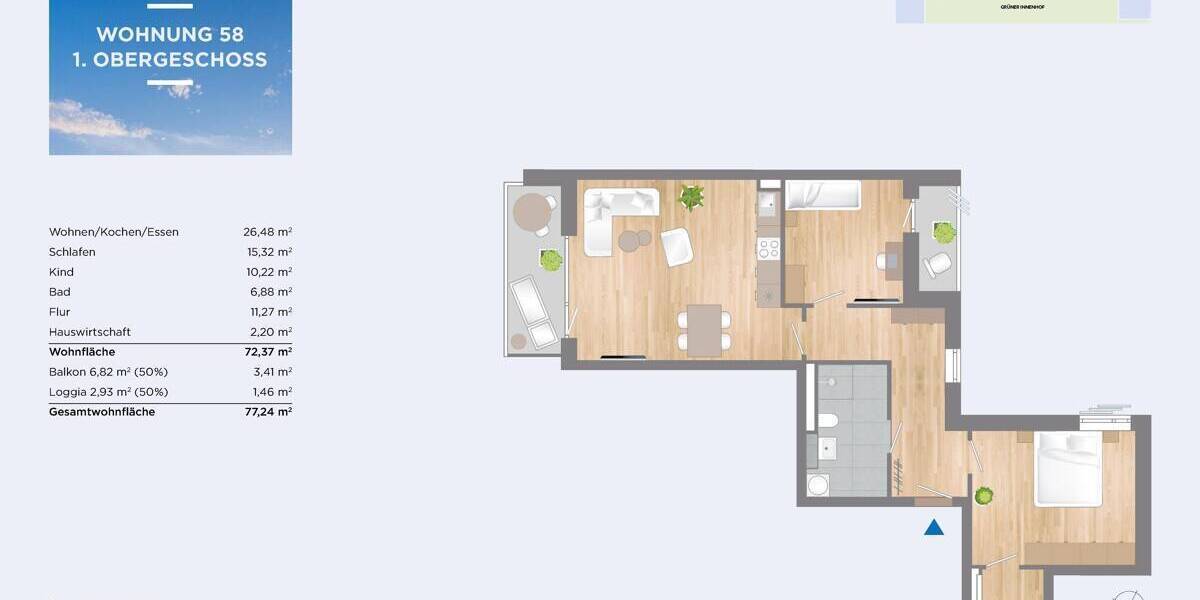 Etagenwohnung Eching - 3 Zimmer, 77 m&sup2;, 619.000&euro; | Angebot:26064730