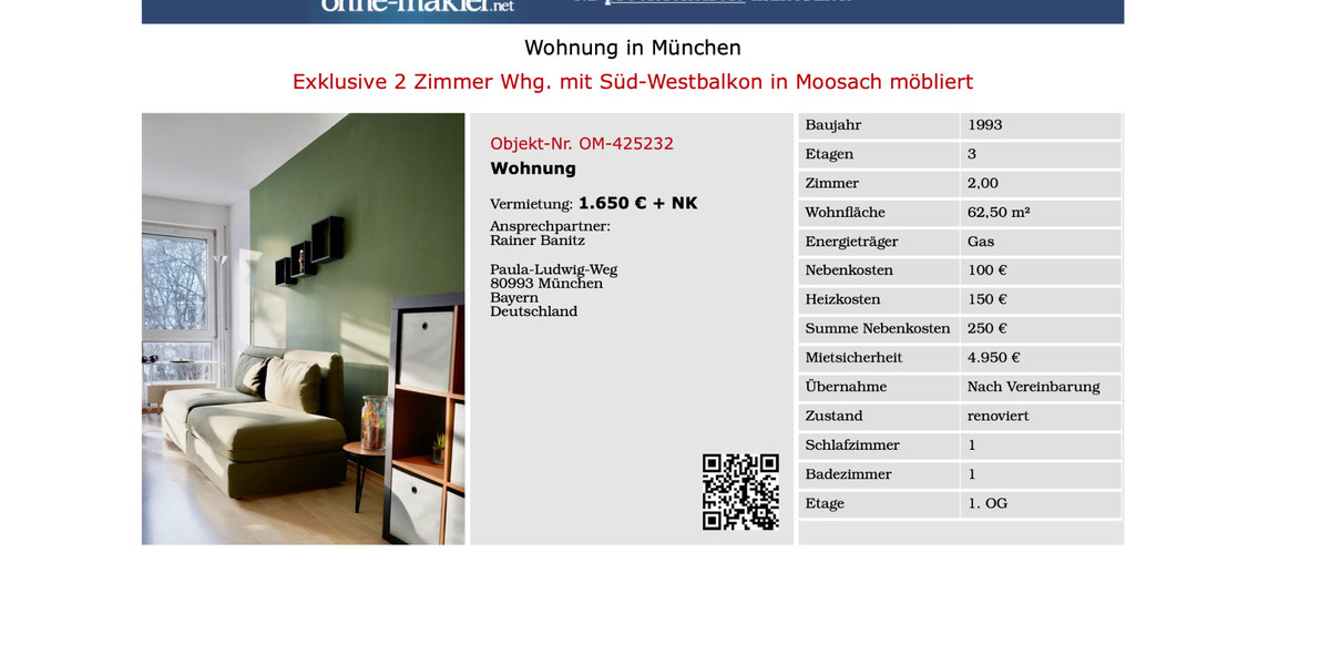 Etagenwohnung München Moosach - 2 Zimmer, 63 m&sup2;, 1.650&euro; | Angebot:25790649