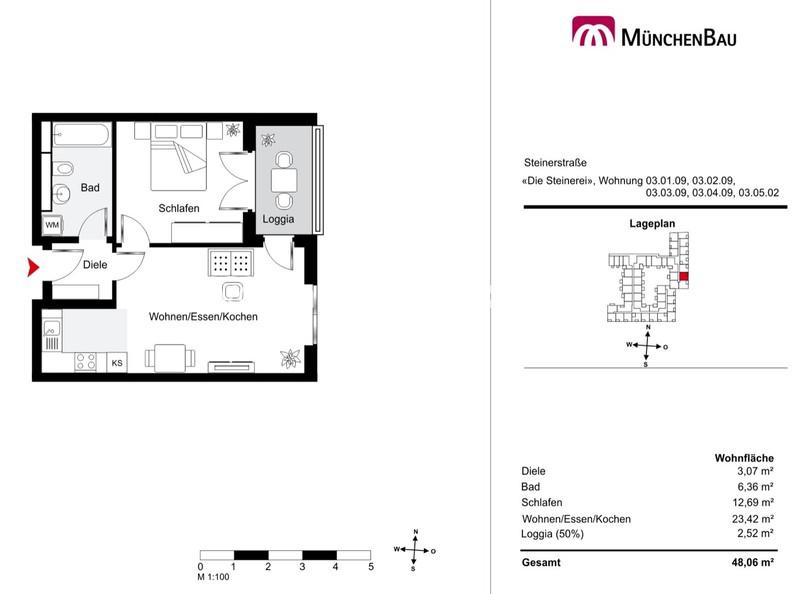 Etagenwohnung München Sendling-Westpark - 2 Zimmer, 48 m&sup2;, 24&euro; | Angebot:26341265