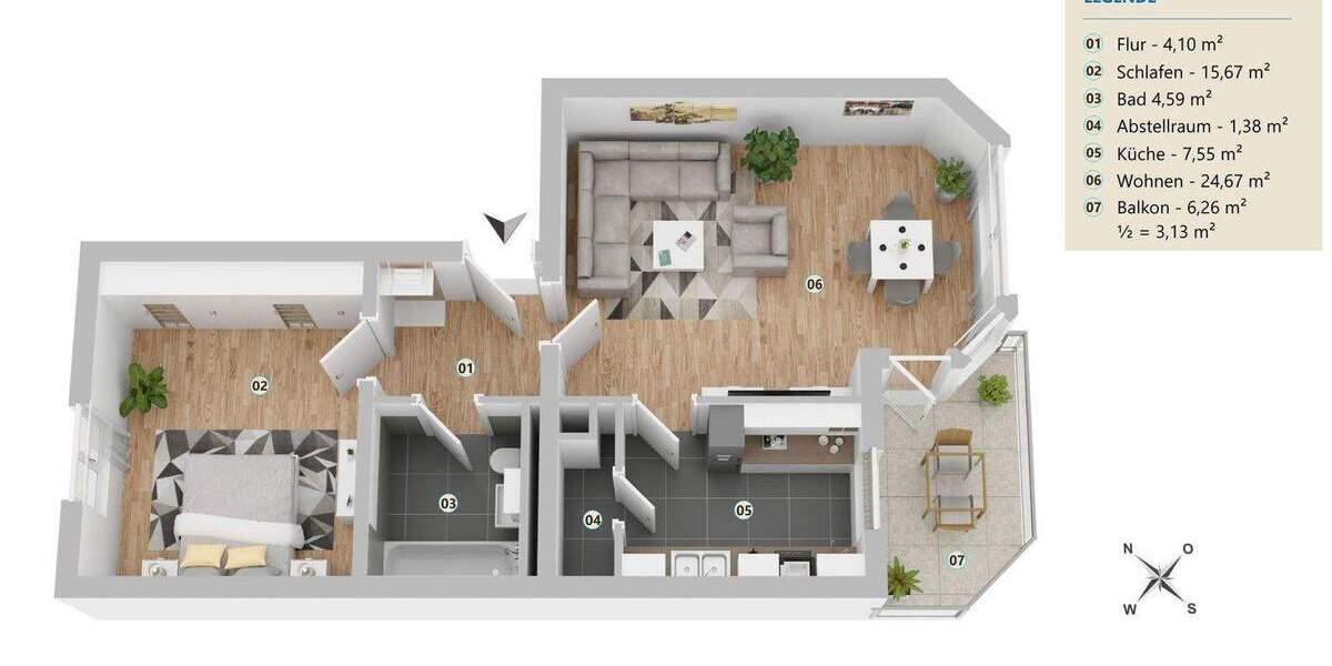 Etagenwohnung Unterhaching - 2 Zimmer, 61 m&sup2;, 1.015&euro; | Angebot:25774910