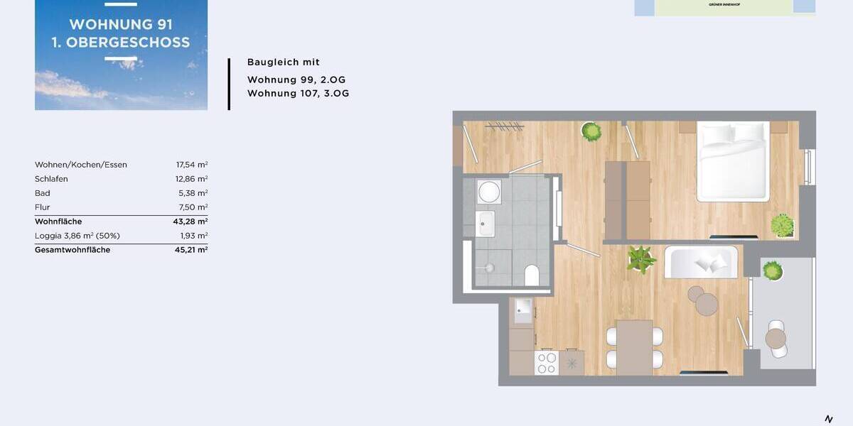 Etagenwohnung Eching - 2 Zimmer, 45 m&sup2;, 399.000&euro; | Angebot:26080028