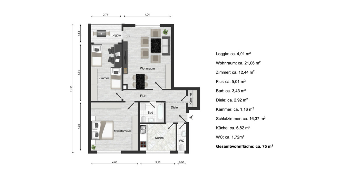 Etagenwohnung München Bogenhausen - 3 Zimmer, 75 m&sup2;, 479.000&euro; | Angebot:25938745