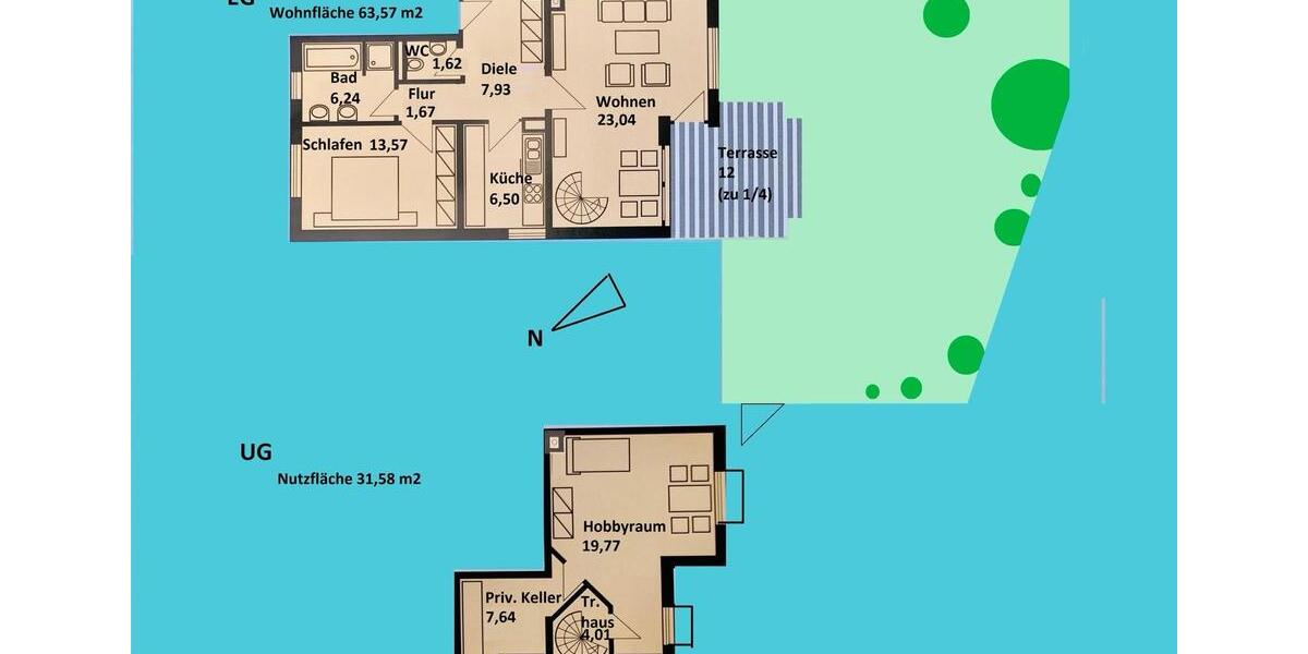 Erdgeschoßwohnung München Trudering-Riem - 2 Zimmer, 64 m&sup2;, 537.000&euro; | Angebot:26927136