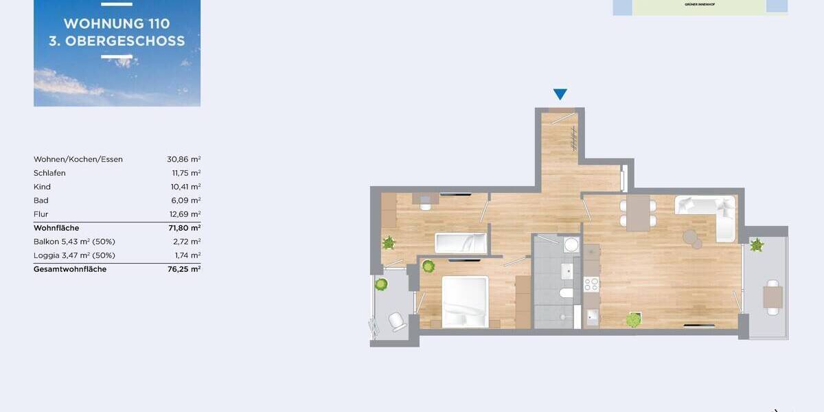 Etagenwohnung Eching - 3 Zimmer, 76 m&sup2;, 639.000&euro; | Angebot:26091822