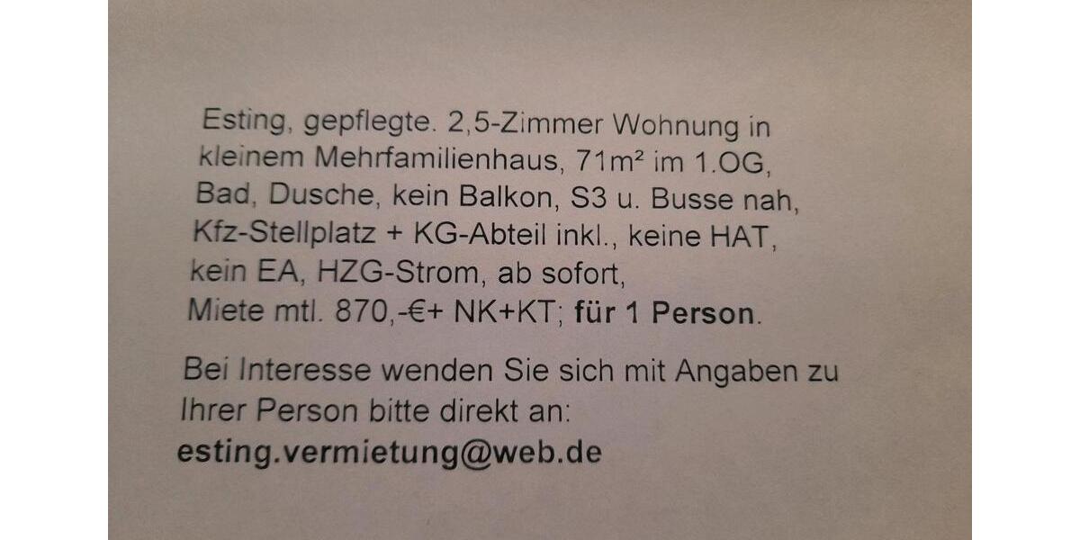 2,5 Zimmer Wohnung in Esting für 1 Person 2 zimmer