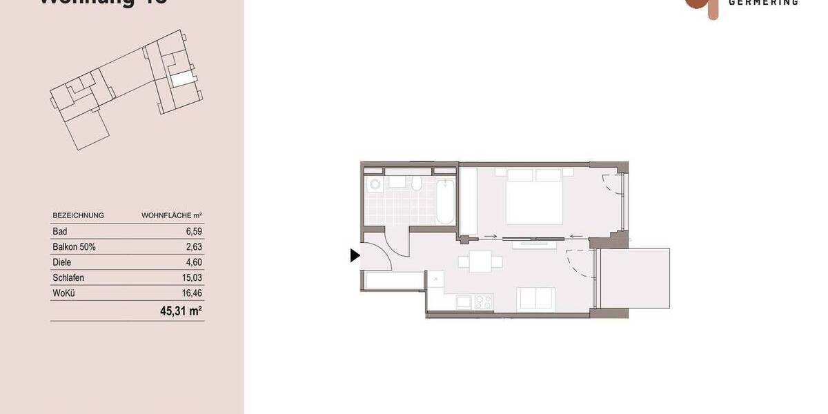 Etagenwohnung Germering - 2 Zimmer, 45 m&sup2;, 459.000&euro; | Angebot:25769843