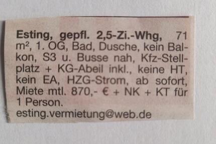 2,5 Wohnung für 1 Person im 1. OG ohne Balkon 2 zimmer